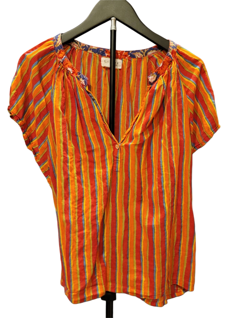 Velvet by Graham & Spencer Orange Multicolor Striped Short Sleeve Blouse - Large